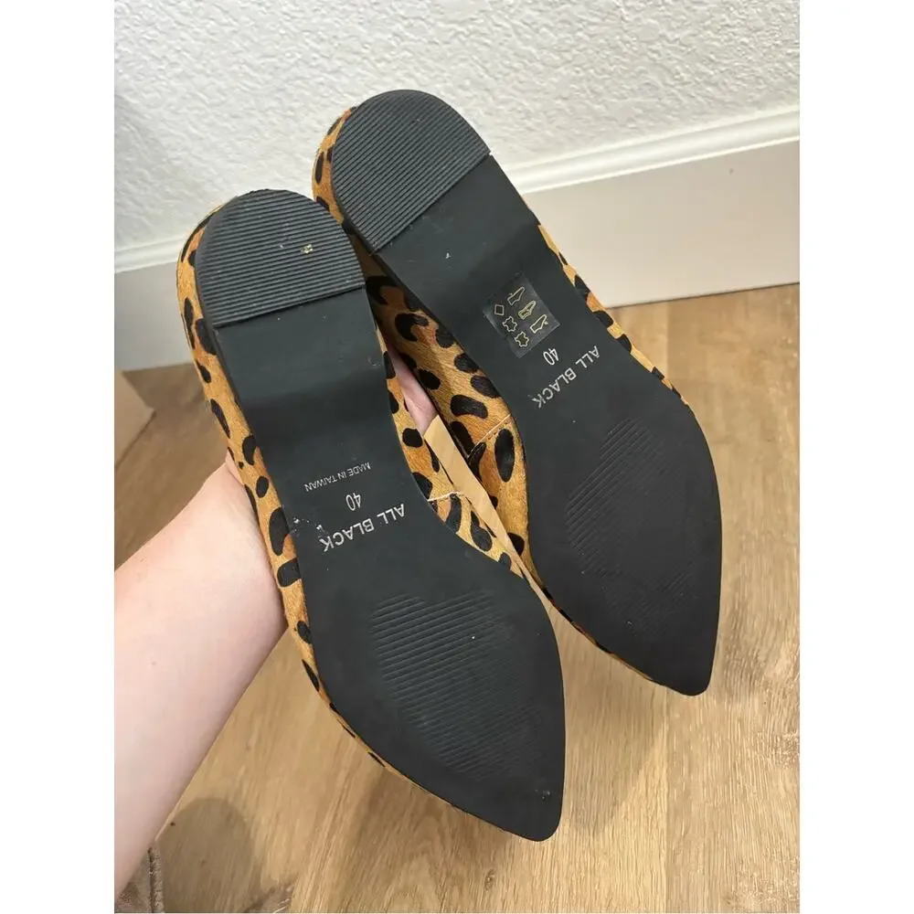 Leopard Print Pointed Toe Women's Flats Tan Black Leather Size 40 9